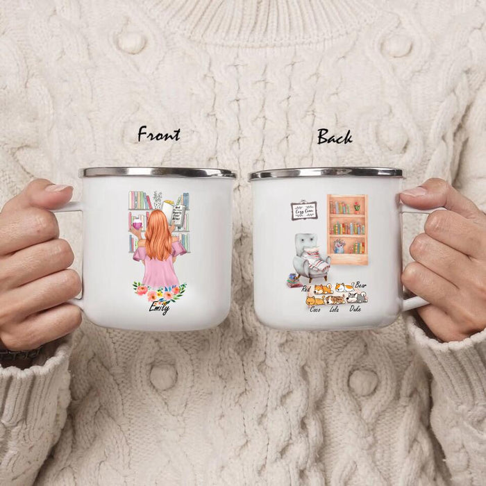 Personalized Reading Pet Mom Enamel Mug - Up to 5 Pets - Best Gift For Dog/Cat Lovers