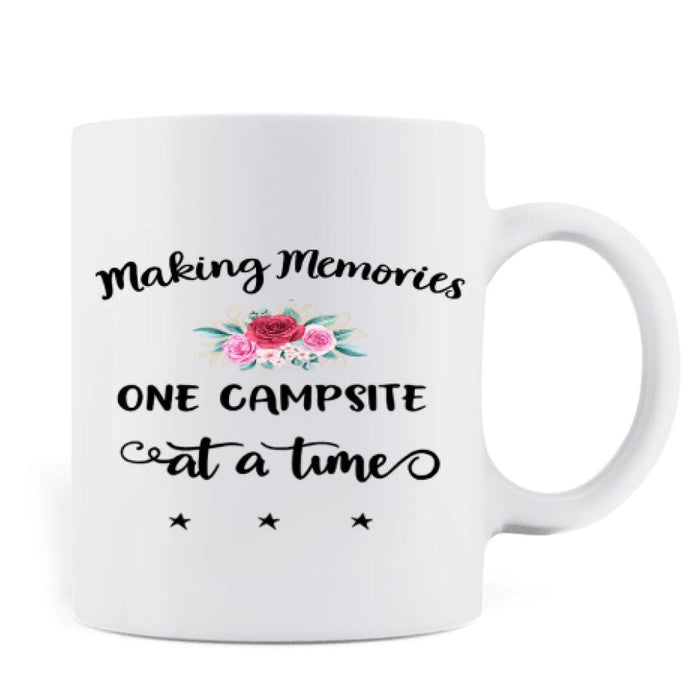 Custom Personalized Camping Coffee Mug - Adult/ Single Parent With Upto 2 Kids And 3 Pets - Making Memories One Campsite At A Time