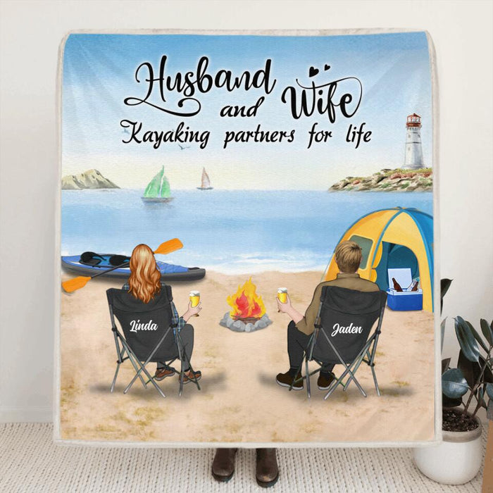 Custom Personalized Kayak Camping Quilt/Fleece Blanket - Couple With Upto 3 Dogs - This Is Our Happy Place