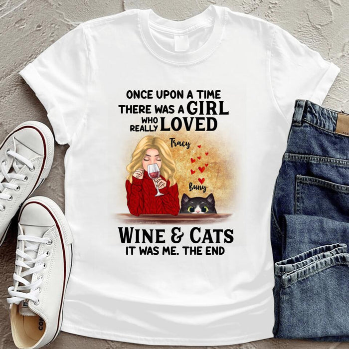 Personalized Mom and Cat T-shirt - Up to 2 Cats - There was a girl who really loved wine and cats