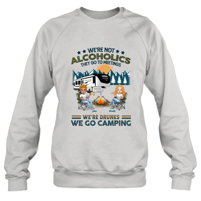 Custom Personalized Camping Friends T-Shirt/ Long Sleeve/ Sweatshirt/ Hoodie - Upto 7 People - Gift Idea For Friends/ Camping Lover - We're Not Alcoholics They Go To Meetings We're Drunks We Go Camping
