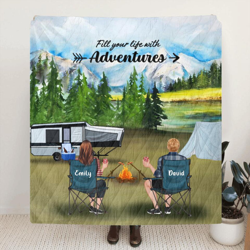 Personalized Camping Quilt/Fleece Blanket - Couple/Parents With Up to 4 Kids And 4 Pets - Gift Idea For Camping Lover