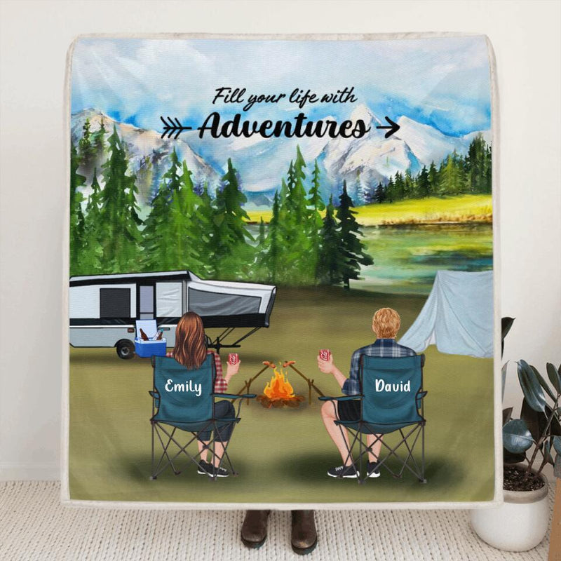 Personalized Camping Quilt/Fleece Blanket - Couple/Parents With Up to 4 Kids And 4 Pets - Gift Idea For Camping Lover