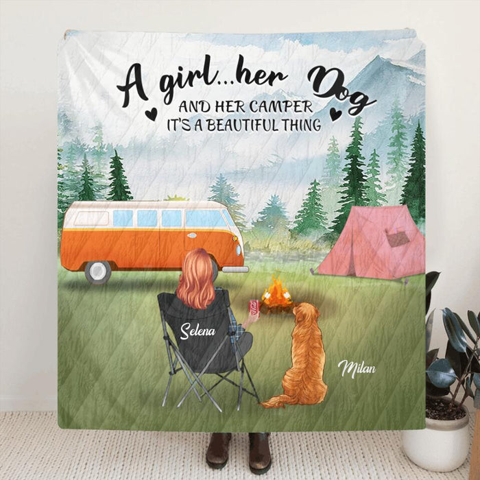 Custom Personalized Dog Mom Camping Quilt/ Fleece Blanket - Mom With Upto 4 Dogs - Best Gift For Dog Lovers