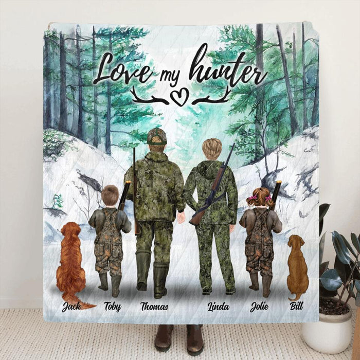 Custom Personalized Hunting With Pets Fleece Blanket/Quilt Blanket - Parents With Up To 2 Kids/ Couple/Single Parent/Solo Man/Woman and Pets - Best Gift For Hunting Lovers