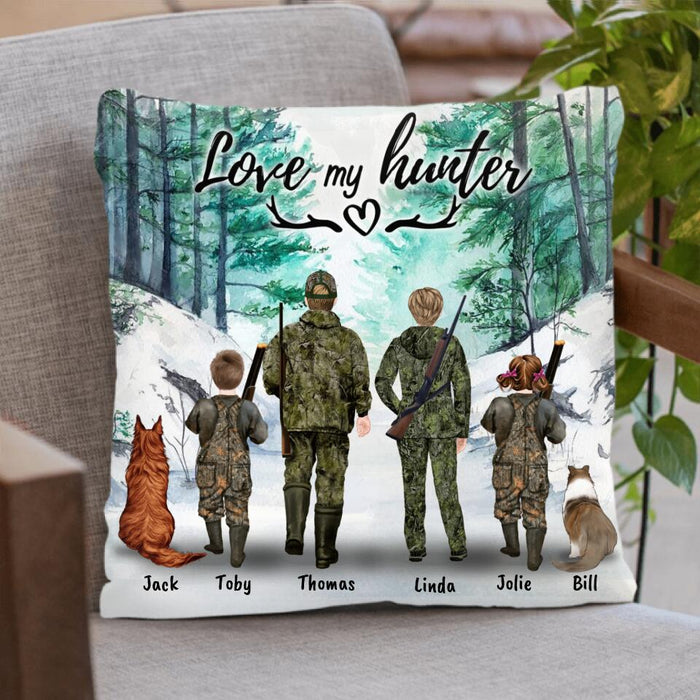 Custom Personalized Hunting With Pets Pillow Cover/Cushion Cover - Parents With Up To 2 Kids/ Couple/Single Parent/Solo Man/Woman and Pets - Best Gift For Hunting Lovers