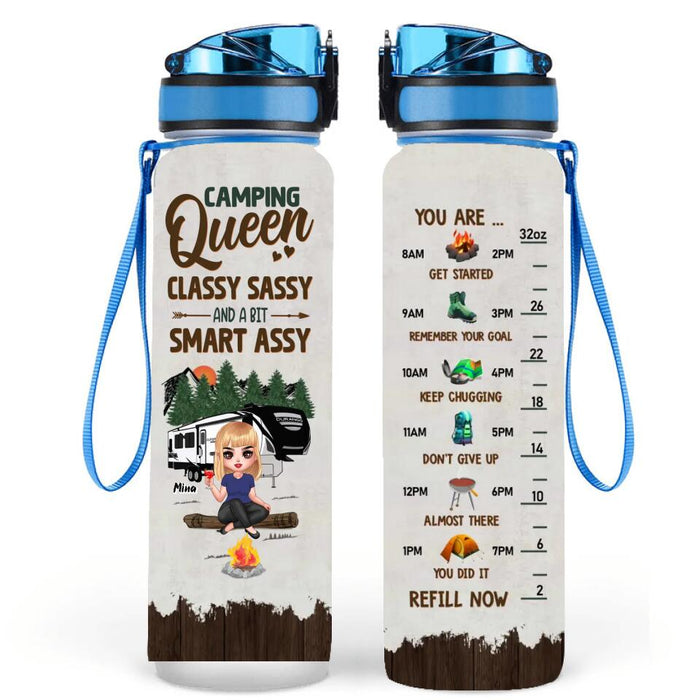Custom Personalized Camping Girl Water Tracker Bottle - Gift Idea For Camping Lover - Camping Queen Classy Sassy And A Bit Smart Assy