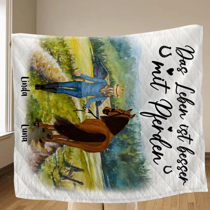 Custom Personalized Horse Girl Quilt/Single Layer Fleece Blanket - Gift Idea For Horse Lovers/Girl - Upto 6 Horses - Das Leben Ist Besser Mit Pferden