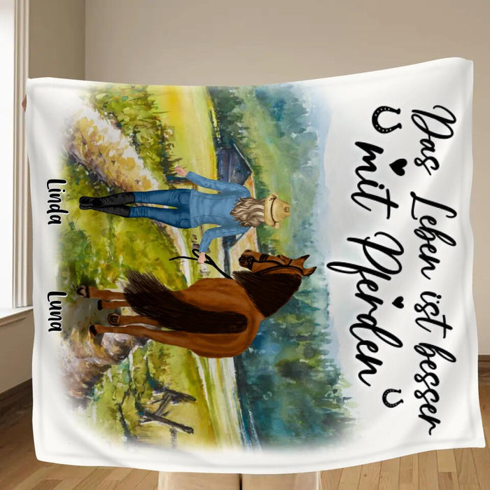 Custom Personalized Horse Girl Quilt/Single Layer Fleece Blanket - Gift Idea For Horse Lovers/Girl - Upto 6 Horses - Das Leben Ist Besser Mit Pferden