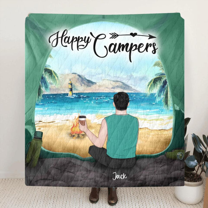 Custom Personalized Dog Camping Quilt/ Fleece Blanket - Man/ Woman/ Couple With Upto 3 Dogs - Best Gift For Camping Lover -  View Inside The Tent