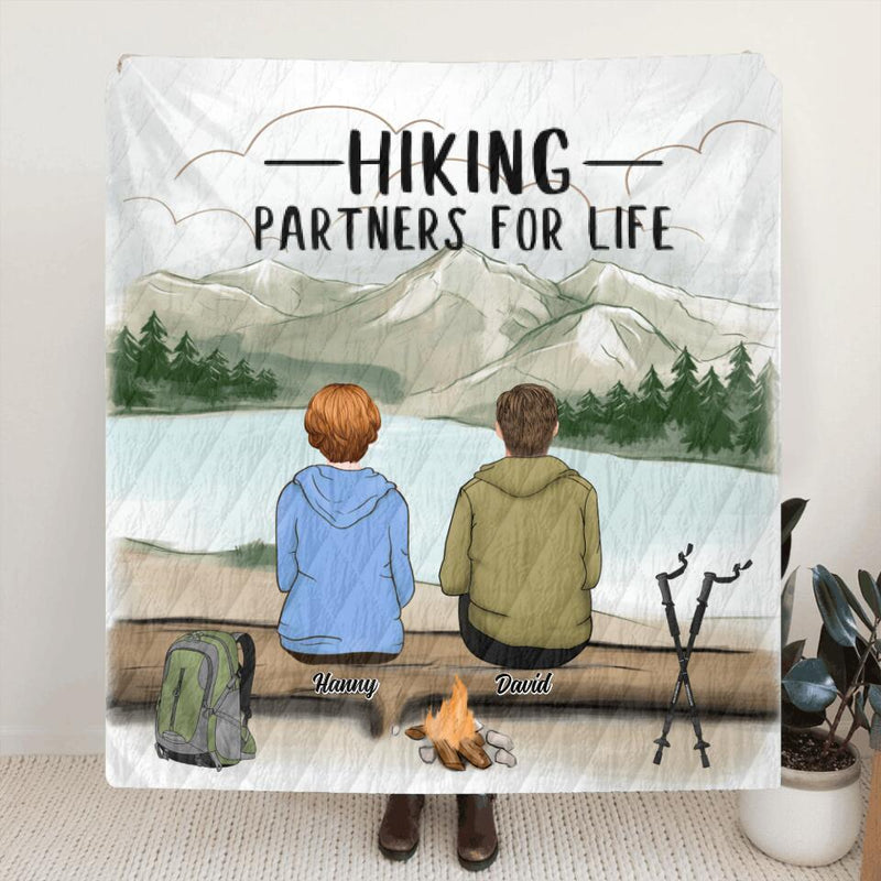 Personalized Hiking Couple Quilt/Fleece Blanket - Couple With Up to 4 Pets - Best Gift For Hiking Lover - Hiking Partners For Life