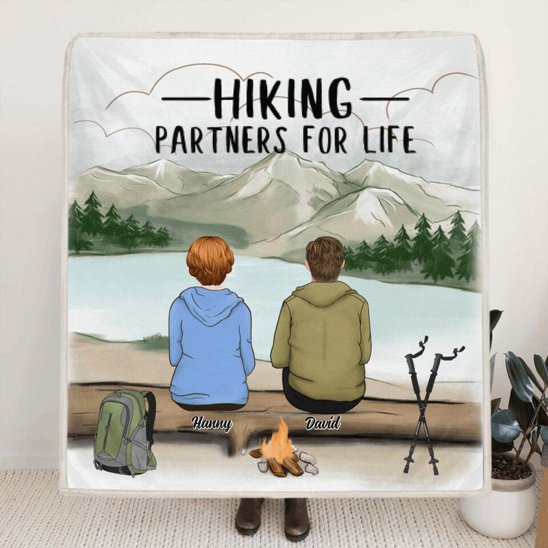 Personalized Hiking Couple Quilt/Fleece Blanket - Couple With Up to 4 Pets - Best Gift For Hiking Lover - Hiking Partners For Life