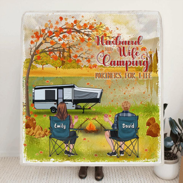 Personalized Camping In The Fall Blanket - Parents Upto 4 Kids, 4 Pets- Husband And Wife Camping Partners For Life