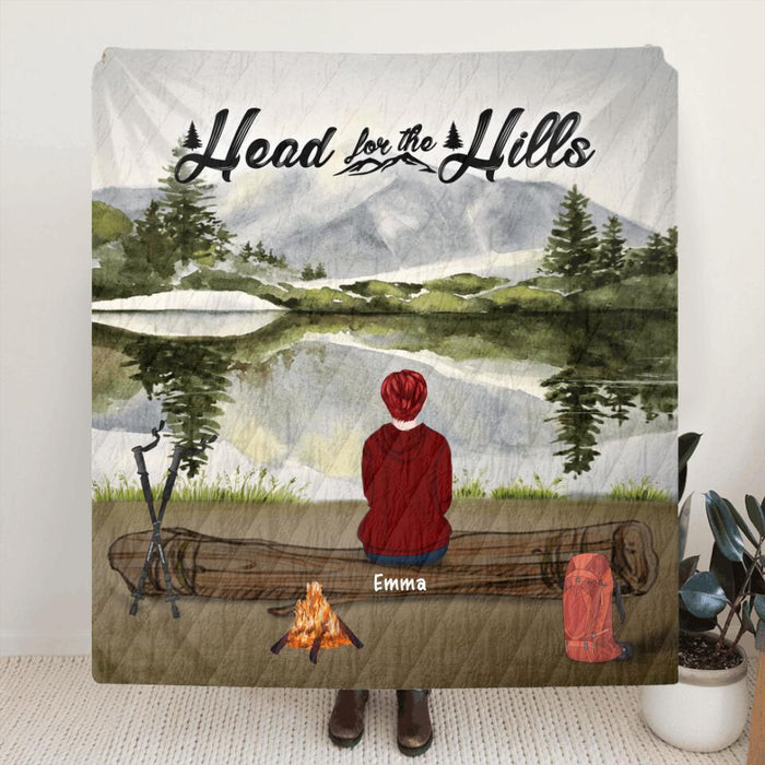 Custom Personalized Hiking Quilt/Fleece Blanket - Parents With Children/Man/ Woman/ Couple With Upto 6 Pets - Gift For Hiking Lover - Head For The Hills