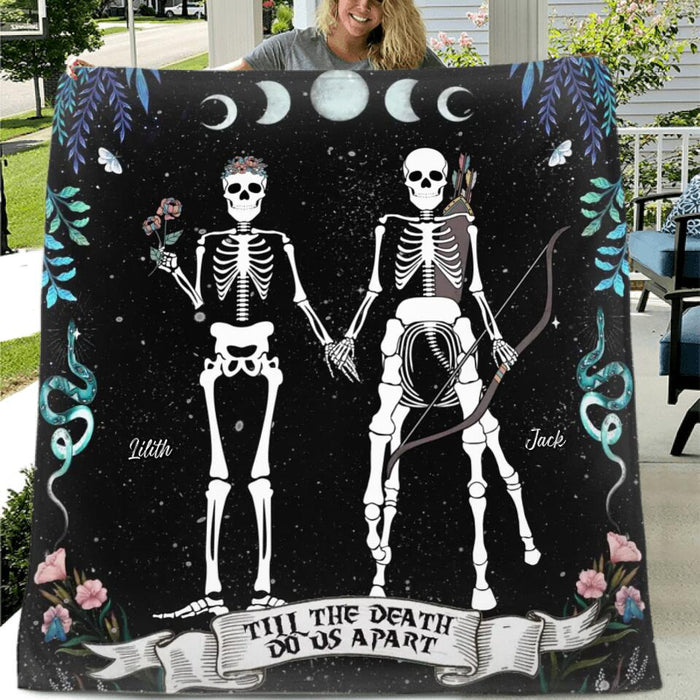 Custom Personalized Horoscope Skeleton Couple Single Layer Fleece/ Quilt Blanket- Gift Idea For Couple, Husband and Wife - Till The Death Do Us Part