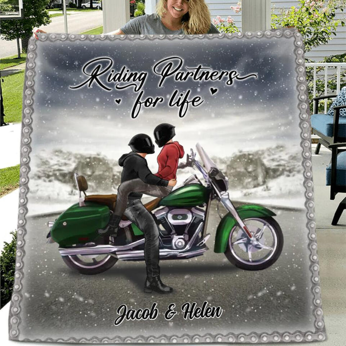 Personalized Biker Single Layer Fleece Blanket/ Quilt - Riding Partners For Life - Gift Idea For Couple/ Parents/ Wedding/ Anniversary