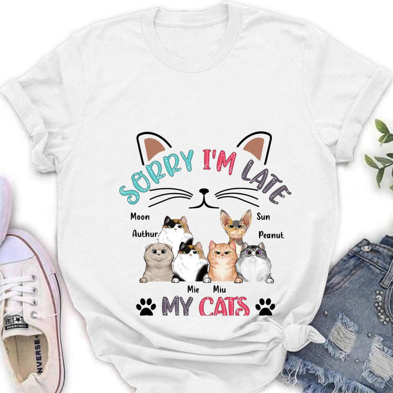 Personalized Cat T-Shirt - Gift Idea For Cat Lovers - Up to 6 Cats - Sorry I'm Late My Cats Were Sitting On Me