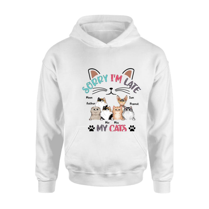 Personalized Cat T-Shirt - Gift Idea For Cat Lovers - Up to 6 Cats - Sorry I'm Late My Cats Were Sitting On Me