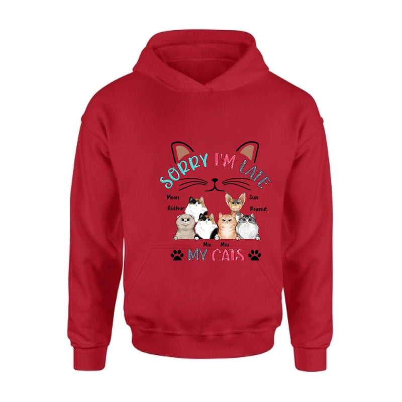 Personalized Cat T-Shirt - Gift Idea For Cat Lovers - Up to 6 Cats - Sorry I'm Late My Cats Were Sitting On Me