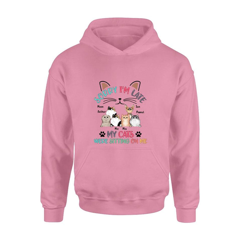 Personalized Cat T-Shirt - Gift Idea For Cat Lovers - Up to 6 Cats - Sorry I'm Late My Cats Were Sitting On Me