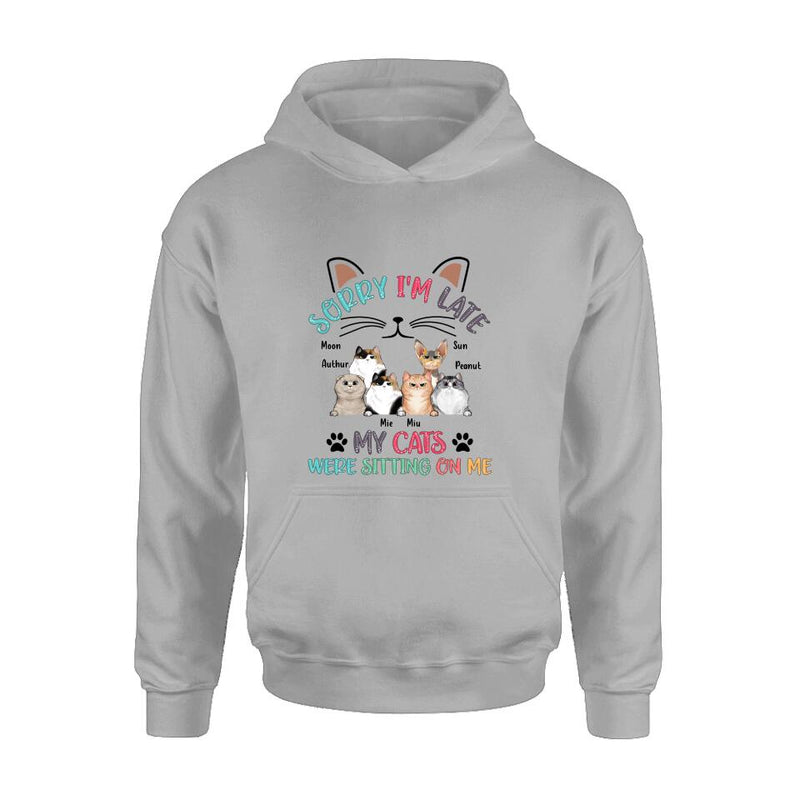 Personalized Cat T-Shirt - Gift Idea For Cat Lovers - Up to 6 Cats - Sorry I'm Late My Cats Were Sitting On Me
