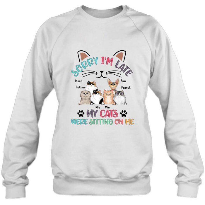 Custom Personalized Cat T-Shirt - Gift Idea For Cat Lovers - Up to 6 Cats - Sorry I'm Late My Cats Were Sitting On Me