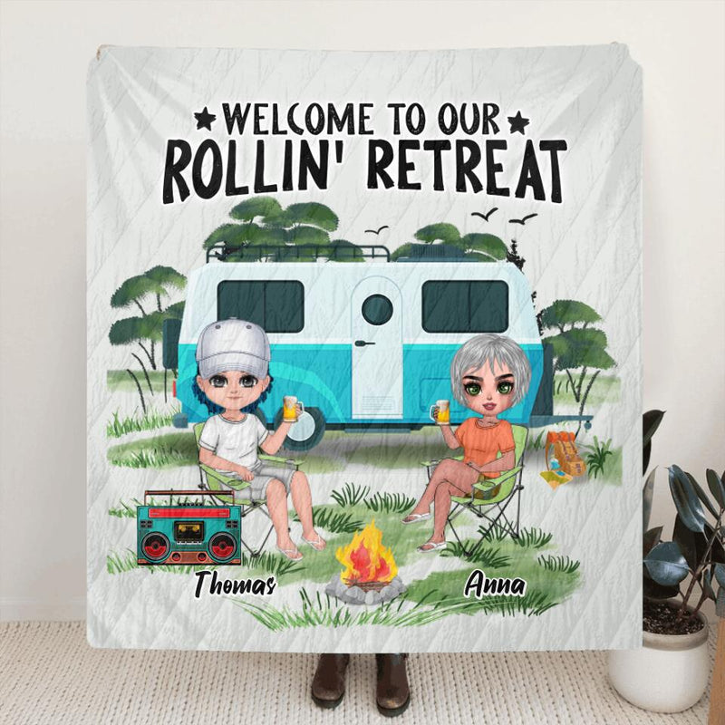 Personalized Camping Fleece Throw Blanket/Quilt - Gift For Camping Lovers - Up to 4 People - Welcome To Our Rollin' Retreat