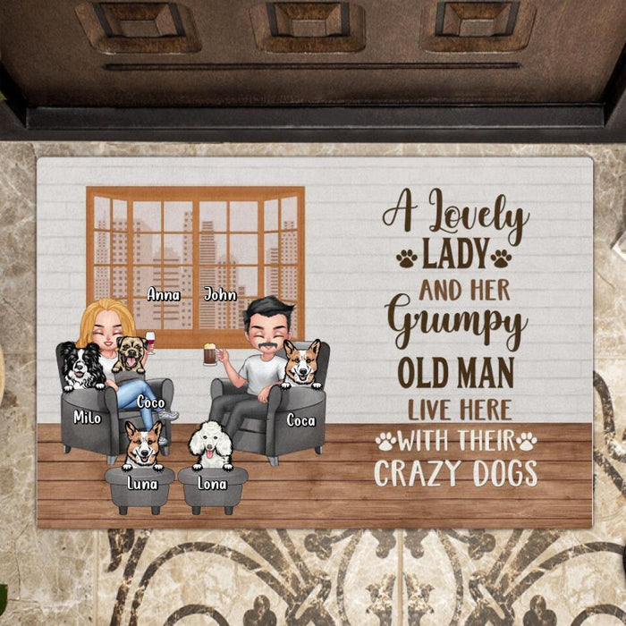 Custom Personalized Dog Family Doormat - Gift Idea For Dog Lovers/Couple - Upto 5 Dogs - A Lovely Lady And Her Grumpy Old Man Live Here With Their Crazy Dogs