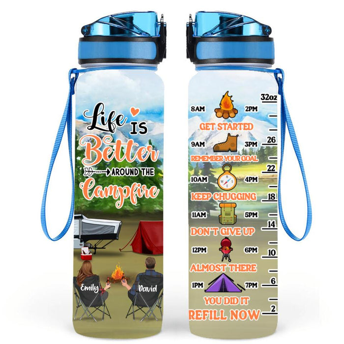 Custom Personalized Camping Water Tracker Bottle - Adult/ Couple/ Parents With Up to 2 Kids And 3 Pets - Gift Idea For Camping Lover - Life Is Better Around The Campfire