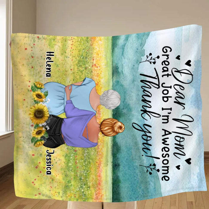 Custom Personalized Mom & Daughter Quilt/Single Layer Fleece Blanket/Pillow Cover - Mother's Day Gift Idea From Daughter - Dear Mom Great Job I'm Awesome