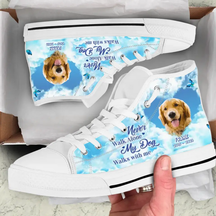 Custom Personalized Memorial High Top Canvas Shoes - Upload Dog/ Cat Photo - Memorial Gift Idea For Pet Lover - Never Walk Alone