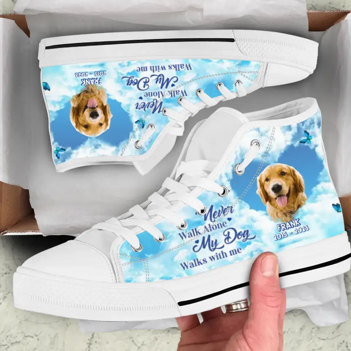 Custom Personalized Memorial High Top Canvas Shoes - Upload Dog/ Cat Photo - Memorial Gift Idea For Pet Lover - Never Walk Alone