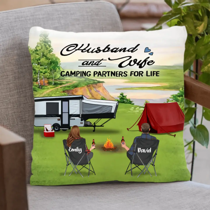 Custom Personalized Day Camping Pillow Cover - Adult/ Couple With Upto 2 Children And 4 Pets - Gift For Camping Lover - Husband And Wife Camping Partners For Life