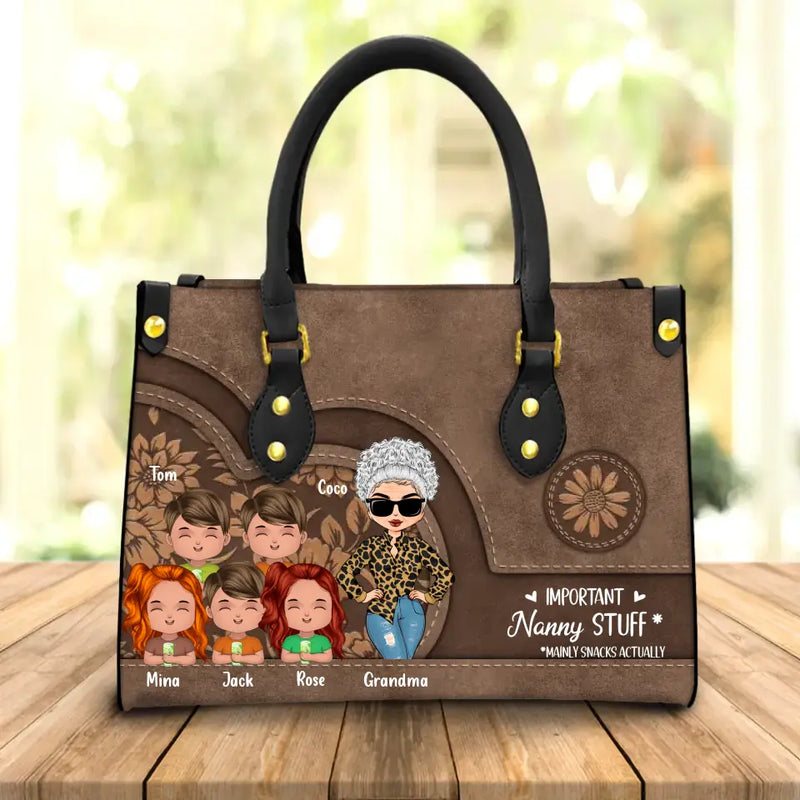 Personalized Grandma PU Leather Handbag - Up to 5 Kids - Gift Idea For Grandma/Mother's Day - Important Nanny Stuff *Mainly Snacks Actually