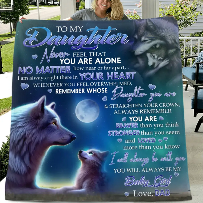 Custom Personalized To My Daughter/ Son Wolf Art Quilt/Single Layer Fleece Blanket - Gift Idea From Dad/ Mom - I Will Always Be With You