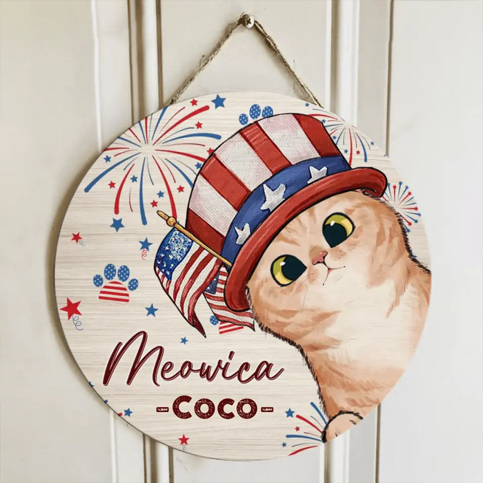 Custom Personalized 4th Of July Pet Circle Wooden Sign - Upto 4 Pets - Gift Idea For Independence Day/ Dog/Cat Lover - Meowica