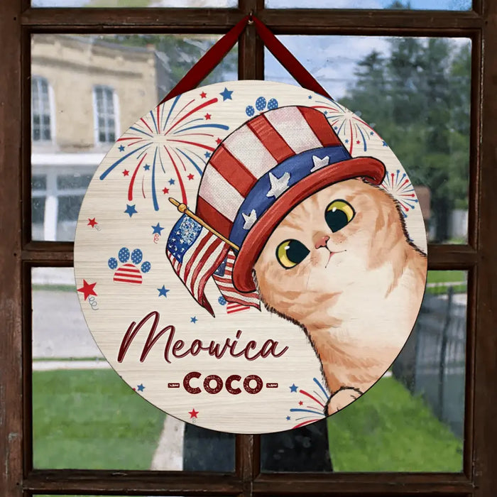 Custom Personalized 4th Of July Pet Circle Wooden Sign - Upto 4 Pets - Gift Idea For Independence Day/ Dog/Cat Lover - Meowica