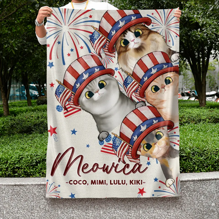 Custom Personalized 4th Of July Pet Flag Sign - Upto 4 Pets - Gift Idea For Independence Day/ Dog/Cat Lover - Meowica