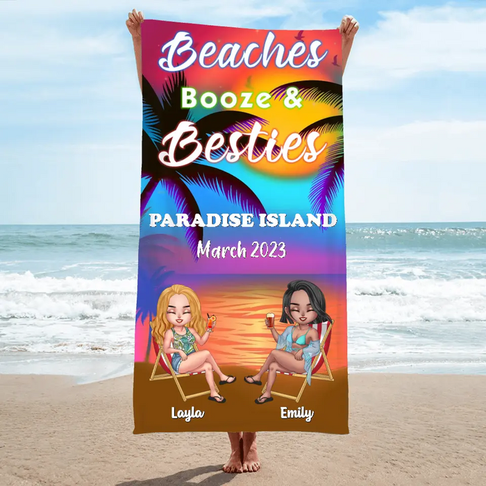 Custom Personalized Girl's Trip Beach Towel - Upto 6 People - Gift Idea For Besties/Sisters/Friends - Beaches Booze & Besties