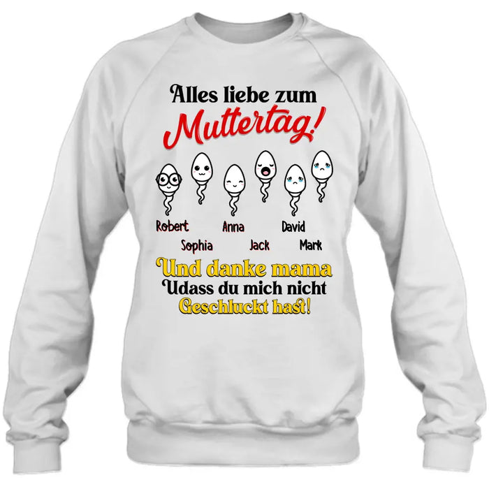 Personalized Sperms Shirt/Long sleeve/Sweatshirt/Hoodie - Gift Idea From Kids to Mom - Up to 6 Sperms - Alles Liebe Zum Muttertag!