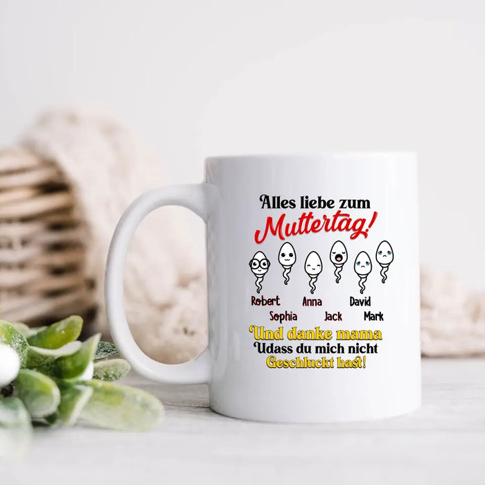 Custom Personalized Sperms Coffee Mug- Gift Idea From Kids to Mom - Upto 6 Sperms - Alles Liebe Zum Muttertag!