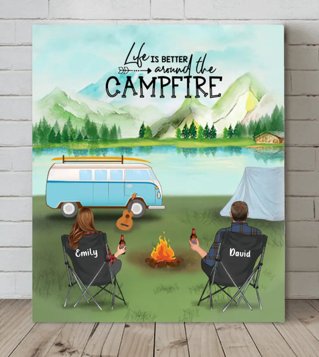 Custom Personalized Camping Canvas - Gift For Whole Couple/Family - Couple/ Parents Upto 6 Kids - 6 Pets - Life Is Better Around Camfire