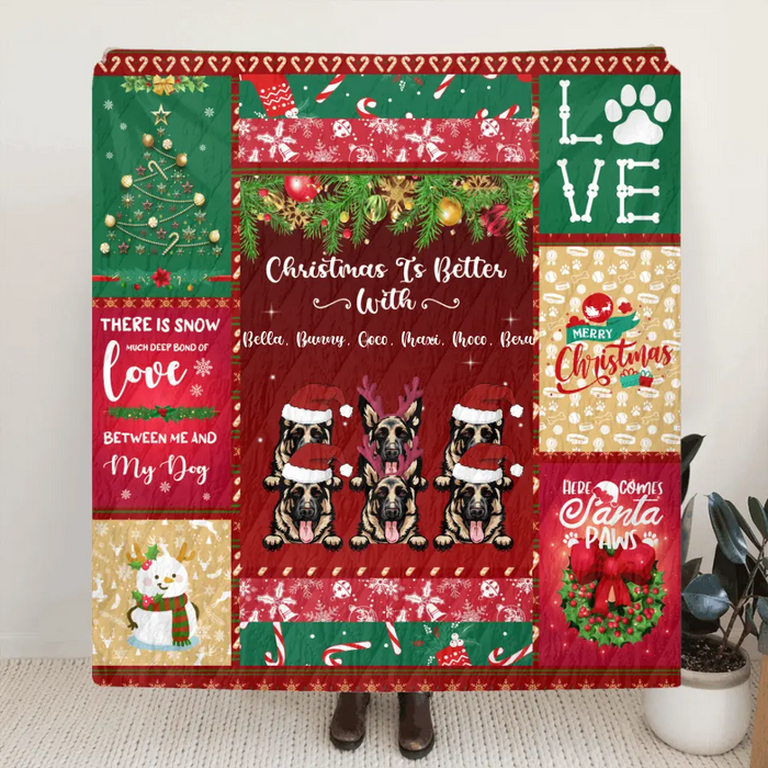 Custom Personalized Dog Christmas Fleece Blanket/Quilt Blanket - Upto 6 Dogs -  Best Gift For Christmas Holiday/ Dog Lovers - SMIJYT