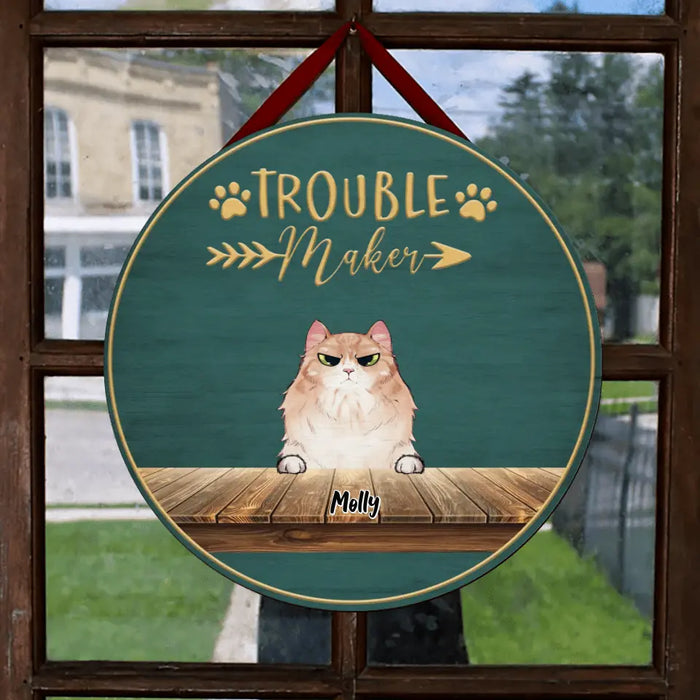 Custom Personalized Pet Door Sign - Upto 6 Cats/ Dogs - Best Gift For Cat/Dog Lover - Trouble Maker