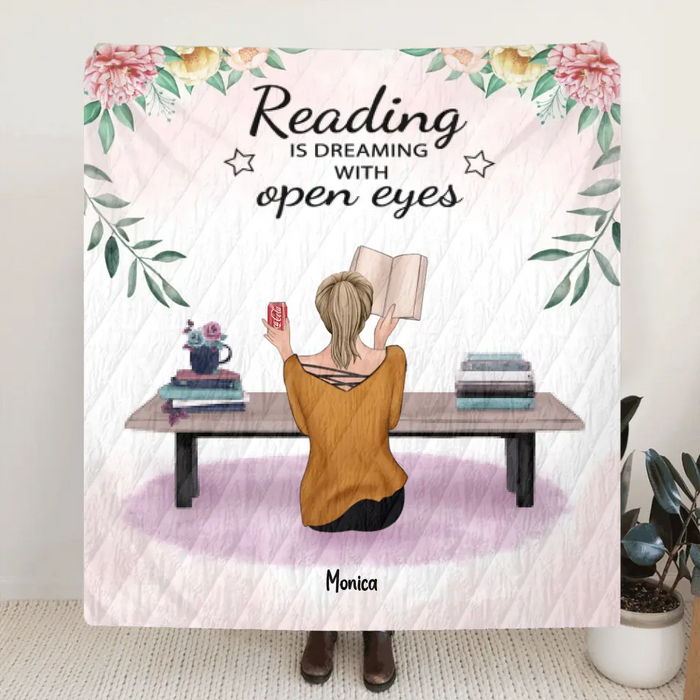Personalized Reading Book Quilt/Fleece Blanket - Girl With Upto 5 Pets - Gift Idea For Reading Lovers - Reading Is Dreaming With Open Eyes