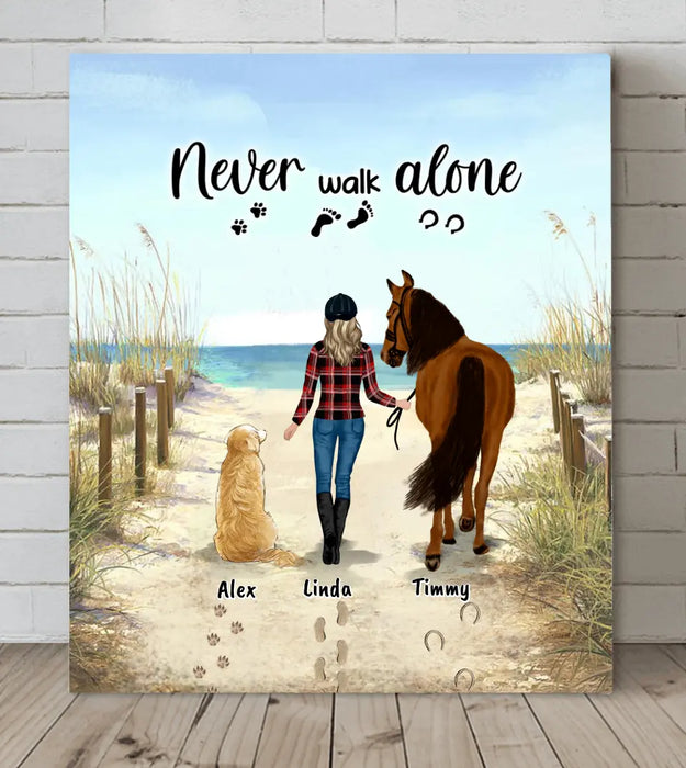 Custom Personalized Girl And Dog With Horse Canvas - Upto 2 Horses/ 2Dogs - Best Gift Dog Lovers/Horse Lovers - Never Walk Alone - G7PP86