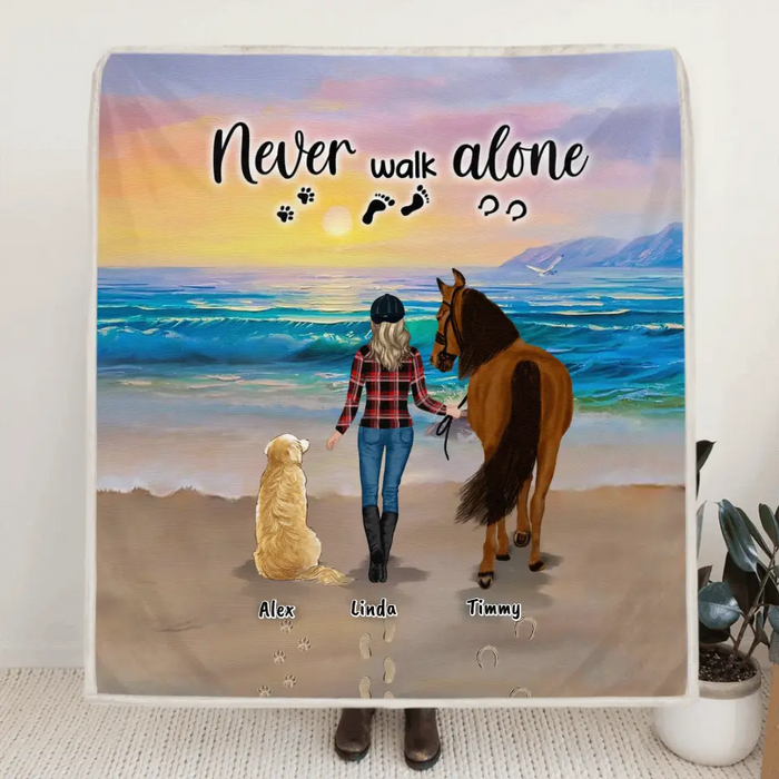 Custom Personalized Footprint Quilt/Fleece Blanket - Upto 2 Horses/2 Dogs - Best Gift Dog Lovers/Horse Lovers - Never Walk Alone - G7PP86