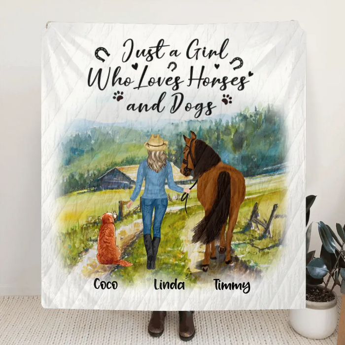 Custom Personalized Horse And Dog Pillow Cover & Quilt/ Fleece Blanket - Man/ Woman/ Girl/ Boy With Upto 2 Horses And 4 Dogs - Gift For Horse/ Dog Lover