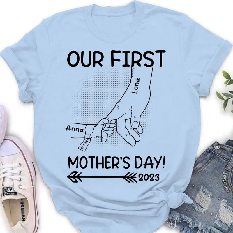 Personalized Hand Shirt/Hoodie/Sweatshirt/Long sleeve - Gift Idea For Mother's Day - Up to 6 Kids - Our First Mother's Day 2023