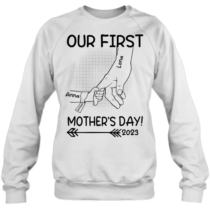 Custom Personalized Hand Shirt/Hoodie/Sweatshirt/Long sleeve - Gift Idea For Mother's Day - Upto 6 Kids - Our First Mother's Day 2023